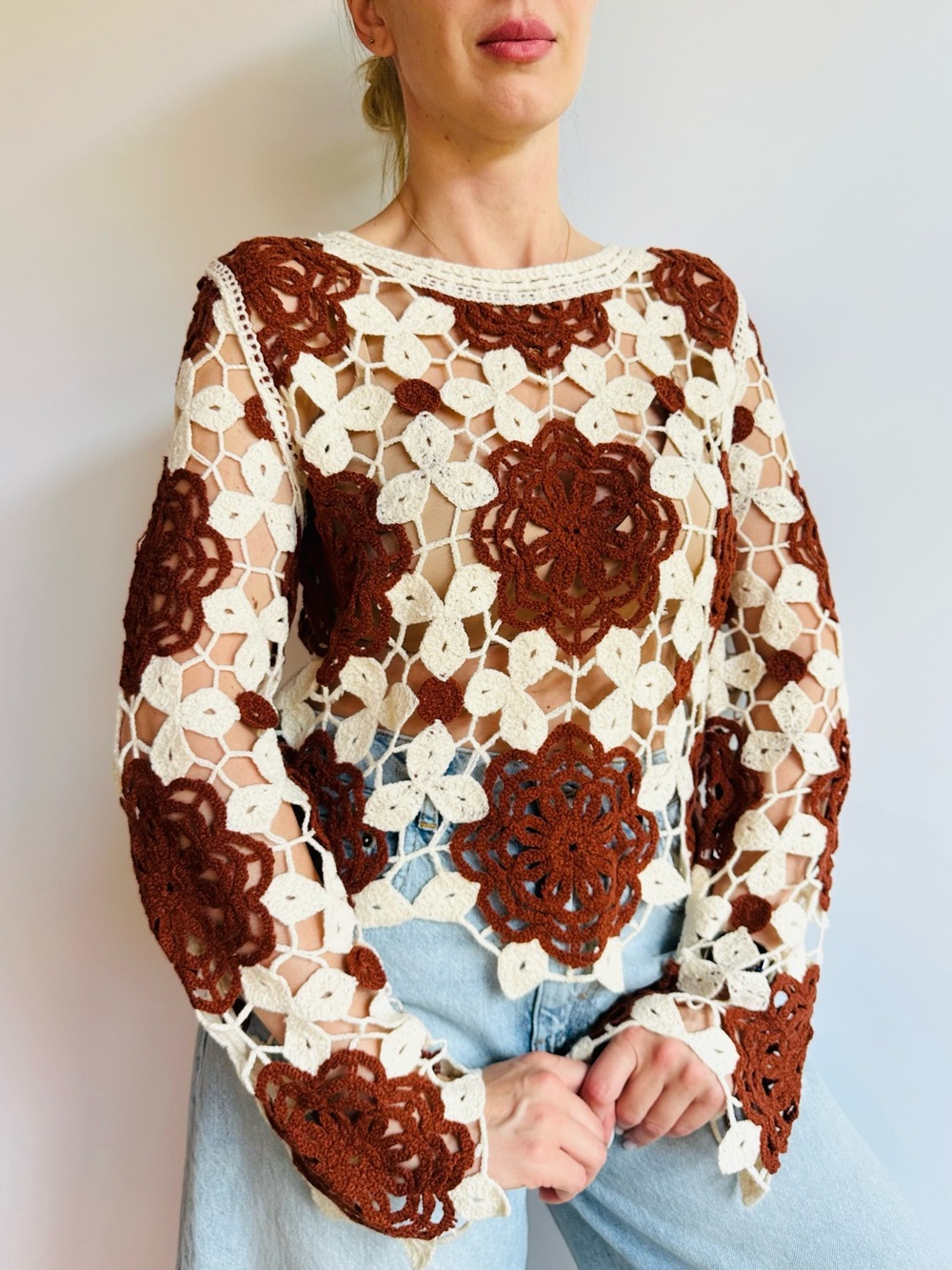 Cloth by Design Floral Crochet Open Knit Boho Crew Neck Wide Sleeve Sweater Top